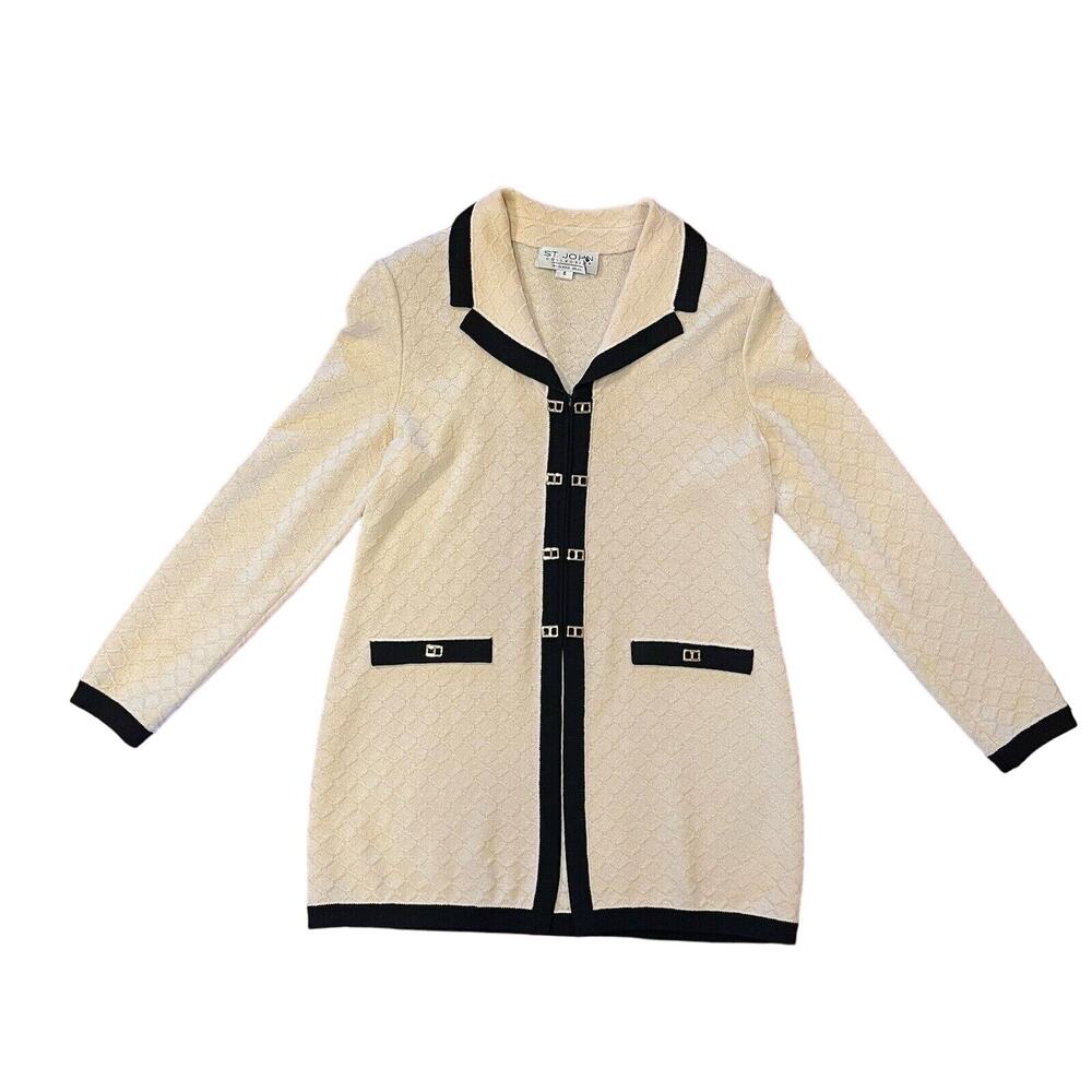 St. John Collection By Marie Gray Vintage Zip Cardigan Jacket Cream Black Sz 6